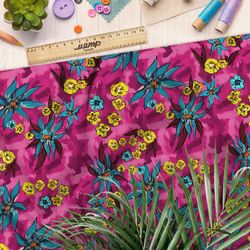 Ткань атлас синие и горчичные цветы