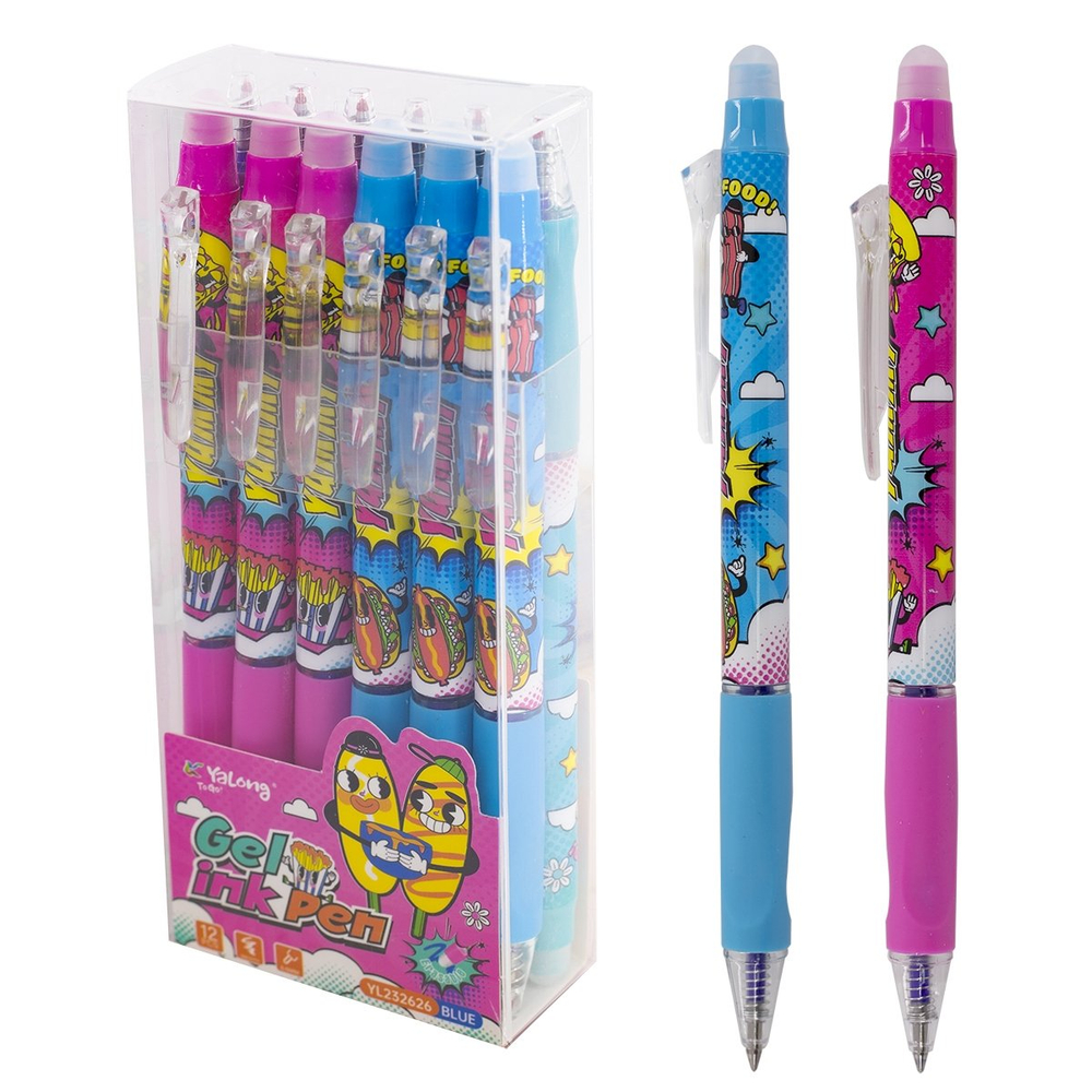 Ручка гелевая пиши-стирай, автоматическая Yalong, "Еда" 0,5 мм, синяя, пулевидный наконечник, резиновый грип, пластиковый корпус, пласт. уп.