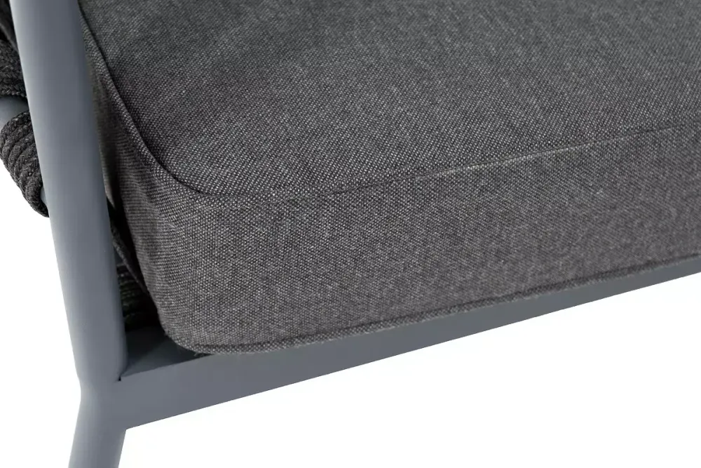 "Диего" диван 2-местный плетеный из роупа, каркас алюминий темно-серый (RAL7024) муар, роуп темно-серый круглый, ткань темно-серая 027