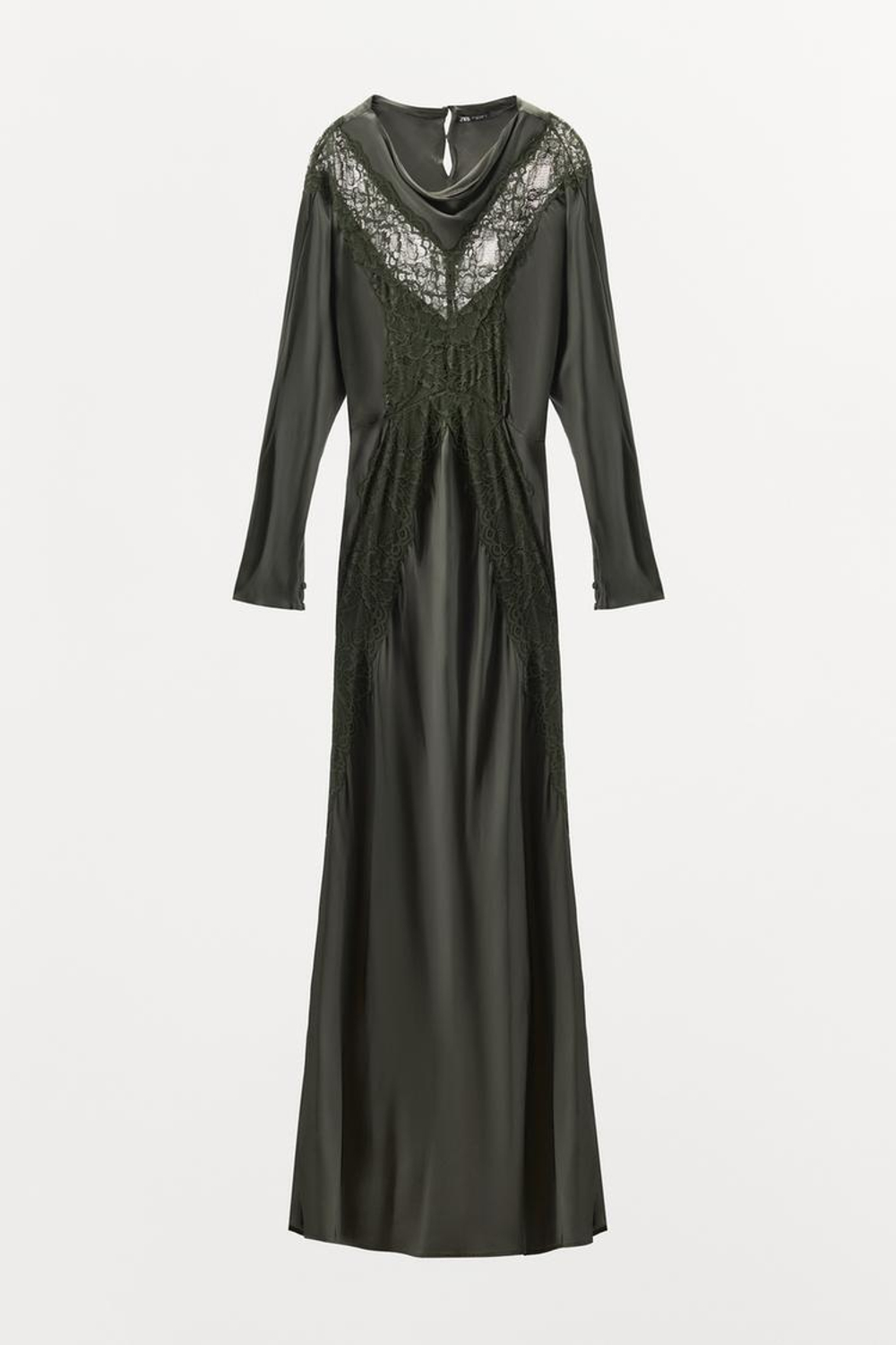 ZARA АТЛАСНОЕ ПЛАТЬЕ С КРУЖЕВОМ И РУКАВОМ «ЛЕТУЧАЯ МЫШЬ», ЗЕЛЕНЫЙ