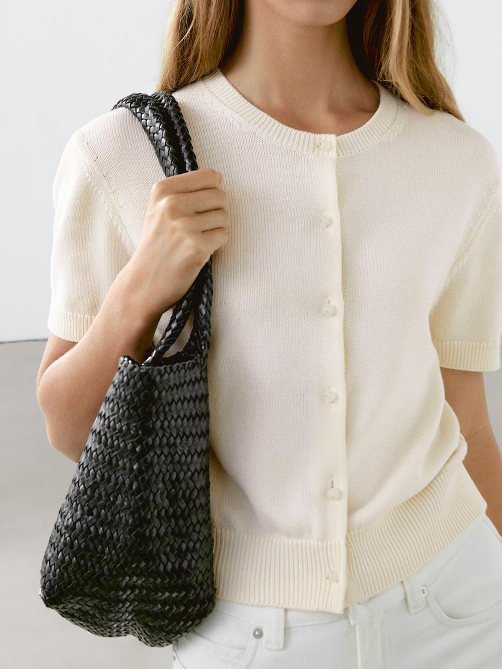 Massimo Dutti Кардиган из хлопка с короткими рукавами, натуральный, кремовый