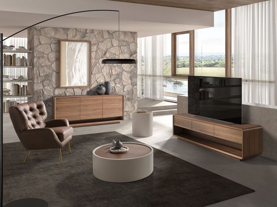 Журнальный столик 2164 из орехового дерева и песочной экокожи