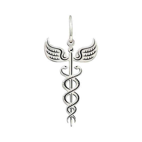 Подвеска Кадуцей жезл - кулон из серебра 925 пробы, вид спереди