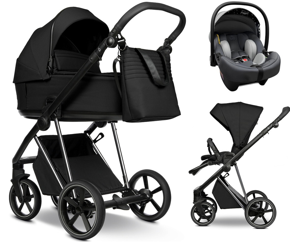 Детская коляска Roan Sol Vintage Luxury 2.0 3 в 1 с автокреслом Tutis Elo Lux EduSky Grey VIN 05/CB Caviar Black/Nickel/руч.Black