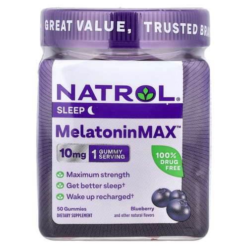 Natrol, MeltoninMax™, голубика, 10 мг, 50 жевательных мармеладок