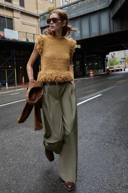ZARA БРЮКИ PAPER BAG С ПОЯСОМ, ЗЕЛЕНОВАТЫЙ