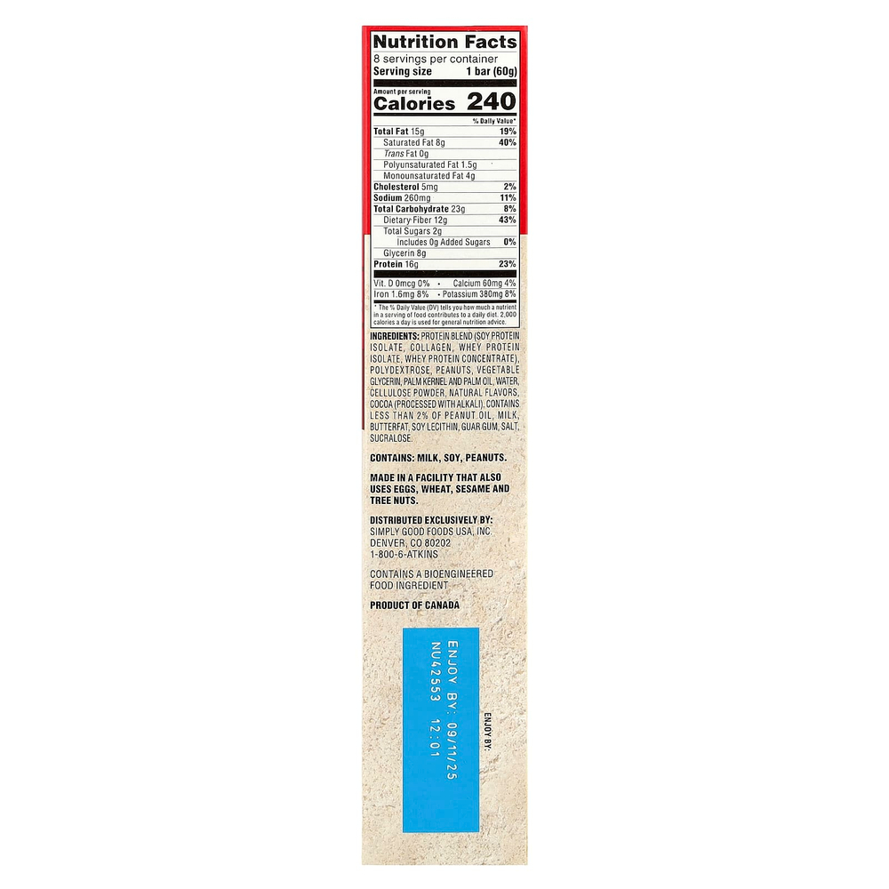 Atkins, Protein Meal Bar, протеиновые батончики, шоколад и арахисовая паста, 8 батончиков по 60 г (2,12 унции)