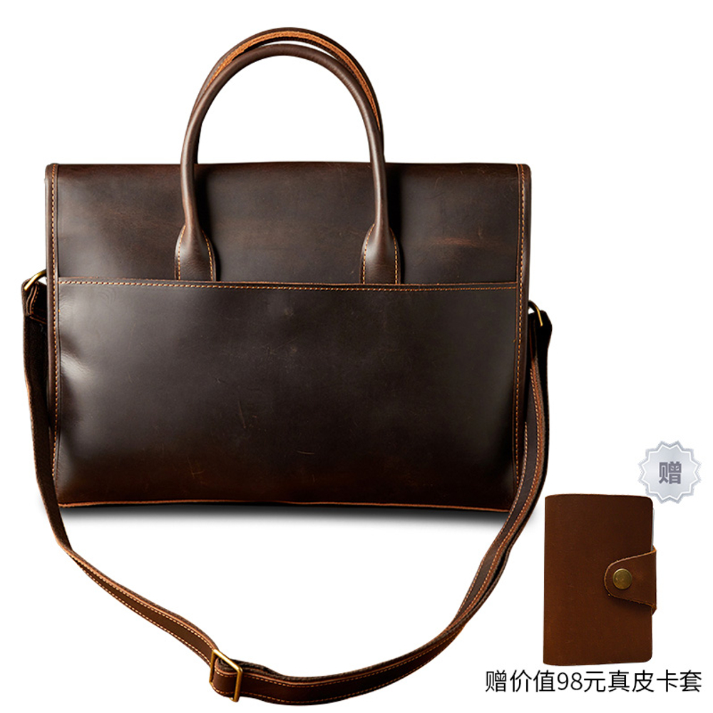 Simple&nature Cow Leather Crossbody Bag, Briefcase Medium Men"s Dark Brown