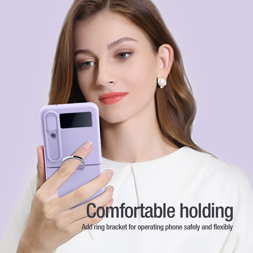 Чехол пурпурного цвета от Nillkin для Samsung Galaxy Z Flip 4 5G, серия CamShield Silky Silicone, с защитной шторкой для камеры и кольцом