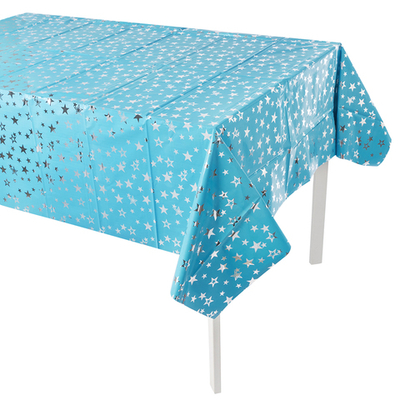 Скатерть металлизированная в голубом цвете с серебряными звездами, 137*183 см