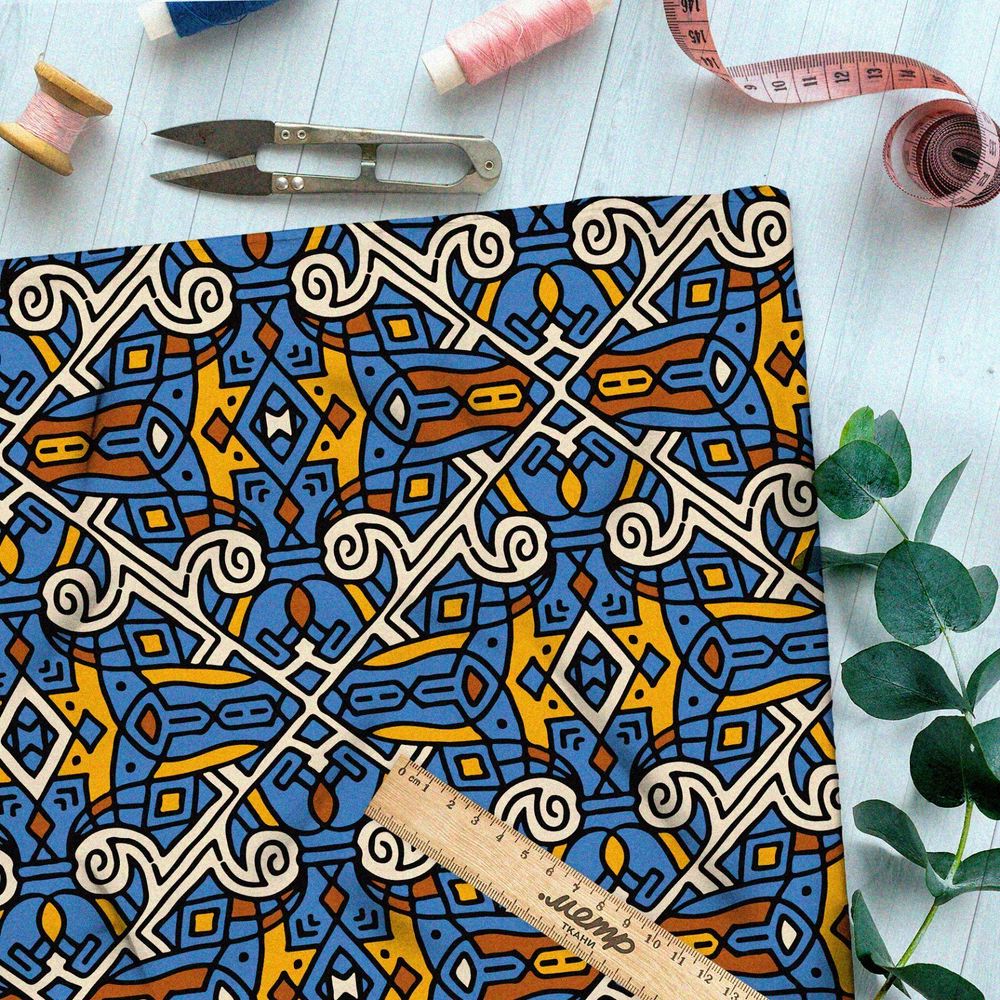 Ткань блэкаут синий египетский узор