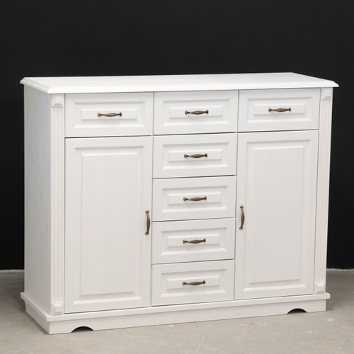 Комод белый с 7 ящиками и 2 дверцами Харви из массива сосны с филенкой для спальни и кухни в викторианском стиле, комод деревянный для вещей и одежды на ножках напольный