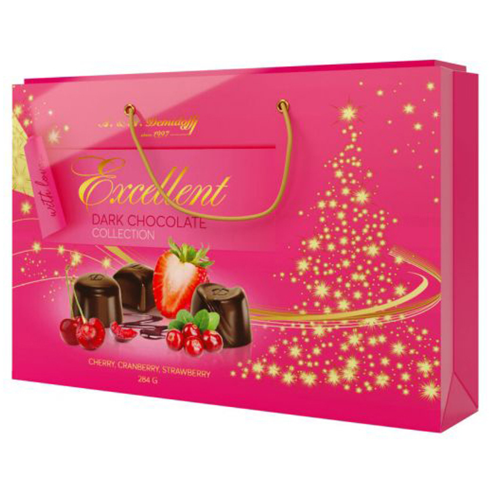 Ассорти конфет Demidoff из темного шоколада с Вишневым вареньем, клюквой и клубникой НГ в сумке 284г