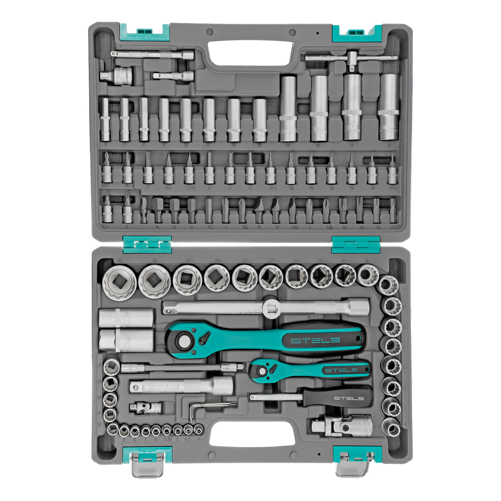 Набор инструментов 1/2", 1/4", CrV, 12 гранные головки, пластиковый кейс, 94 предмета Stels