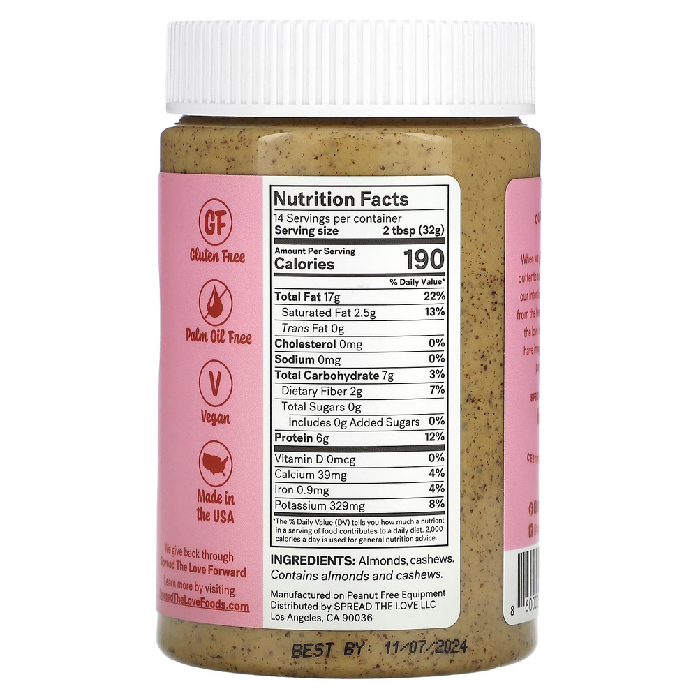 Spread The Love, Power Butter, миндальное масло с кешью, 454 г (16 унций)