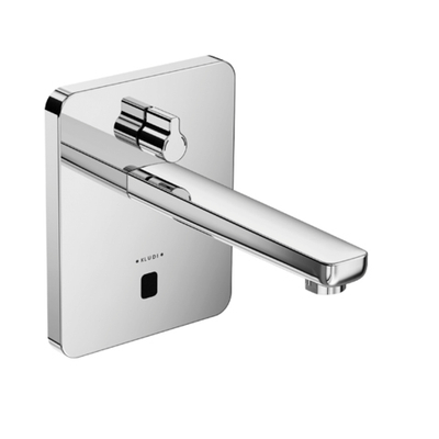 KLUDI ZENTA электронный смеситель для умывальника, настен. монтаж, питание от сети 240В или батарейки, дл.излива 190 мм, рычаг изменения температуры, квадратн. отражатель