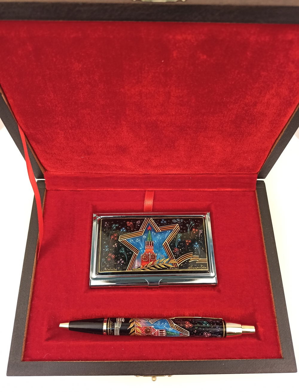 Набор "Кремль. Звезда" с визитницей и ручка c роспись. Палех