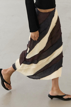 Massimo Dutti Многослойная контрастная льняная юбка миди, коричневый