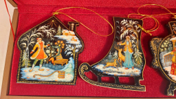 Набор из 4-х ёлочных игрушек  "Русская зима" с росписью Палех