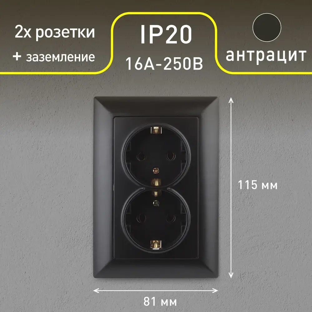 Розетка Intro Solo 4-205-05 с заземлением двойная 2X2P+E Schuko 16А-250В IP20 скрытой установки черный
