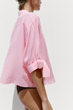 ZARA РУБАШКА ИЗ СМЕСОВОГО ЛЬНА, РОЗОВЫЙ/БЕЛЫЙ