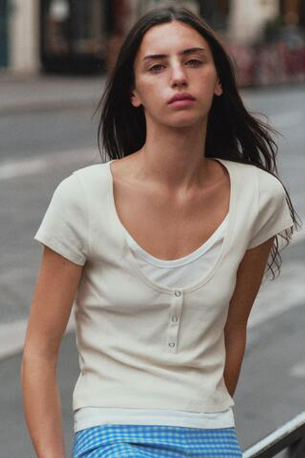 ZARA ФУТБОЛКА С ЭФФЕКТОМ МНОГОСЛОЙНОСТИ, ЭКРЮ