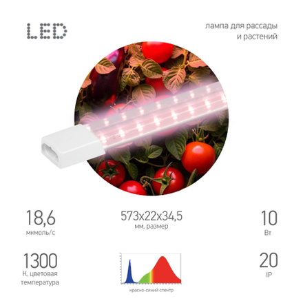 Светильник для растений фитолампа светодиодная линейная ЭРА GREEN LINE FITO-10W-Т5-PL-Slim-GR розового свечения 10 Вт