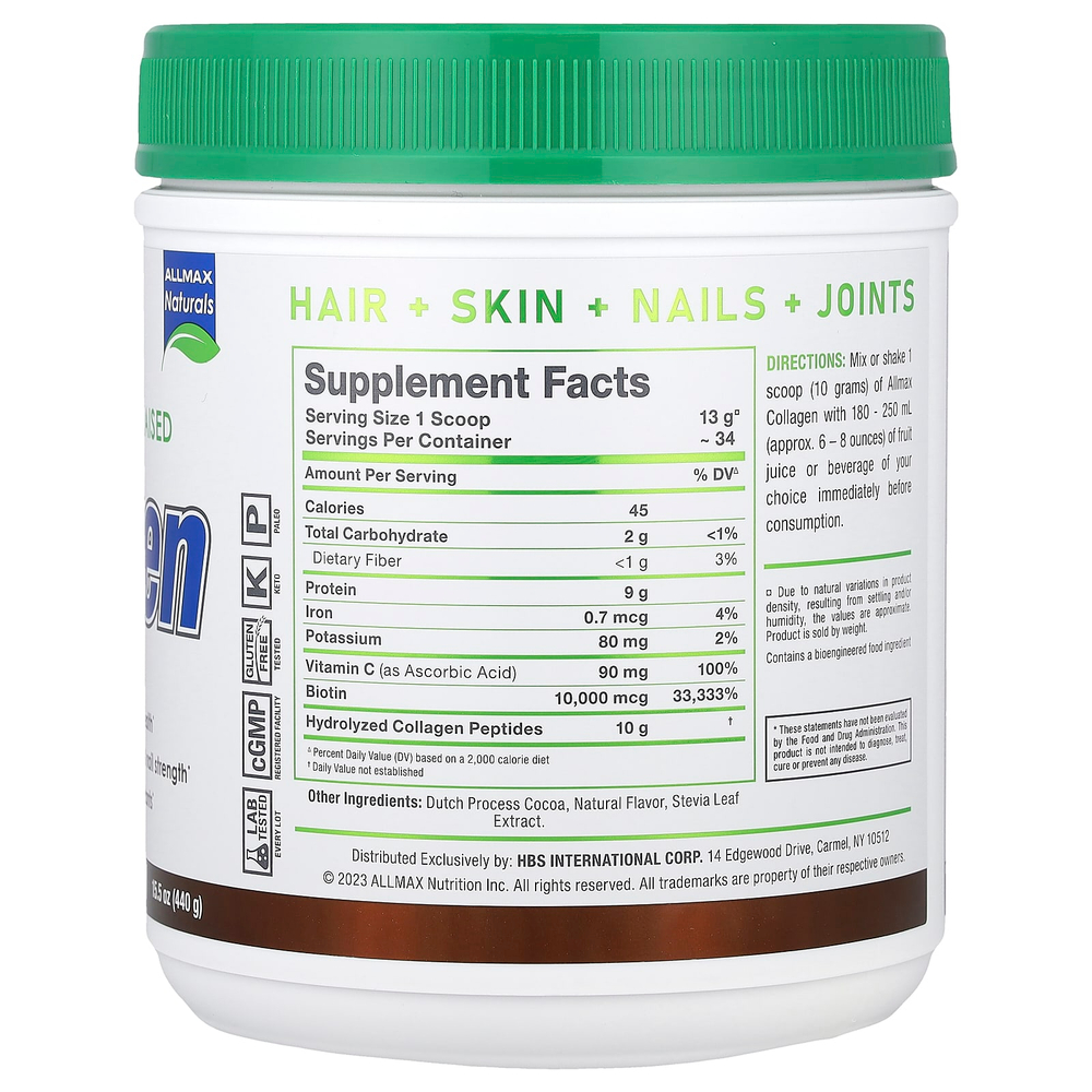 ALLMAX, коллаген с биотином и витамином C, шоколад, 440 г (15,5 унции)