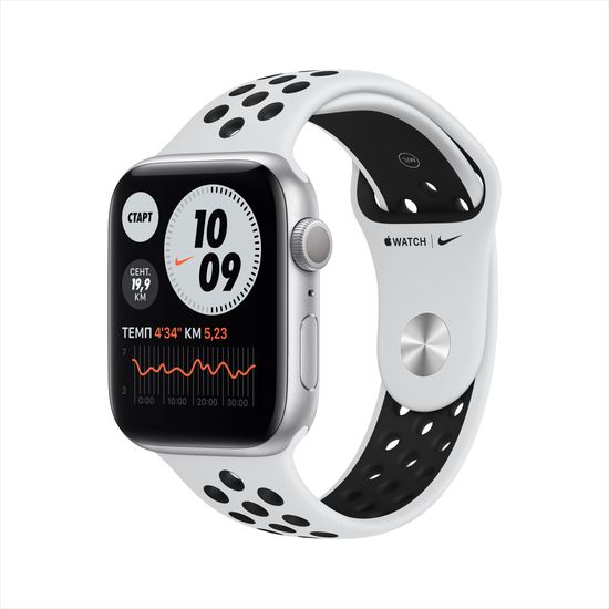 Apple Watch Nike Series 6, 44 мм, корпус из алюминия серебристого цвета, спортивный ремешок Nike цвета «чистая платина/чёрный»