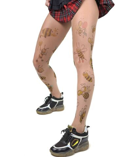 Озорные колготки с цветным принтом в виде пчёлок (Размер: S-M-L) (Цвет: бежевый)
