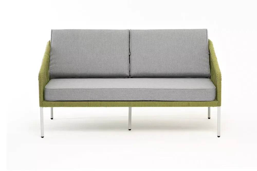 "Канны" диван 2-местный плетеный из роупа, каркас алюминий светло-серый (RAL7035) муар, роуп салатовый меланж круглый, ткань светло-серая