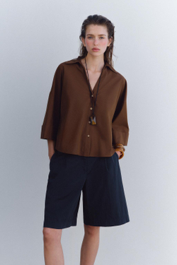 ZARA РУБАШКА ИЗ ПОПЛИНА С ШИРОКИМИ РУКАВАМИ, КОРИЧНЕВЫЙ