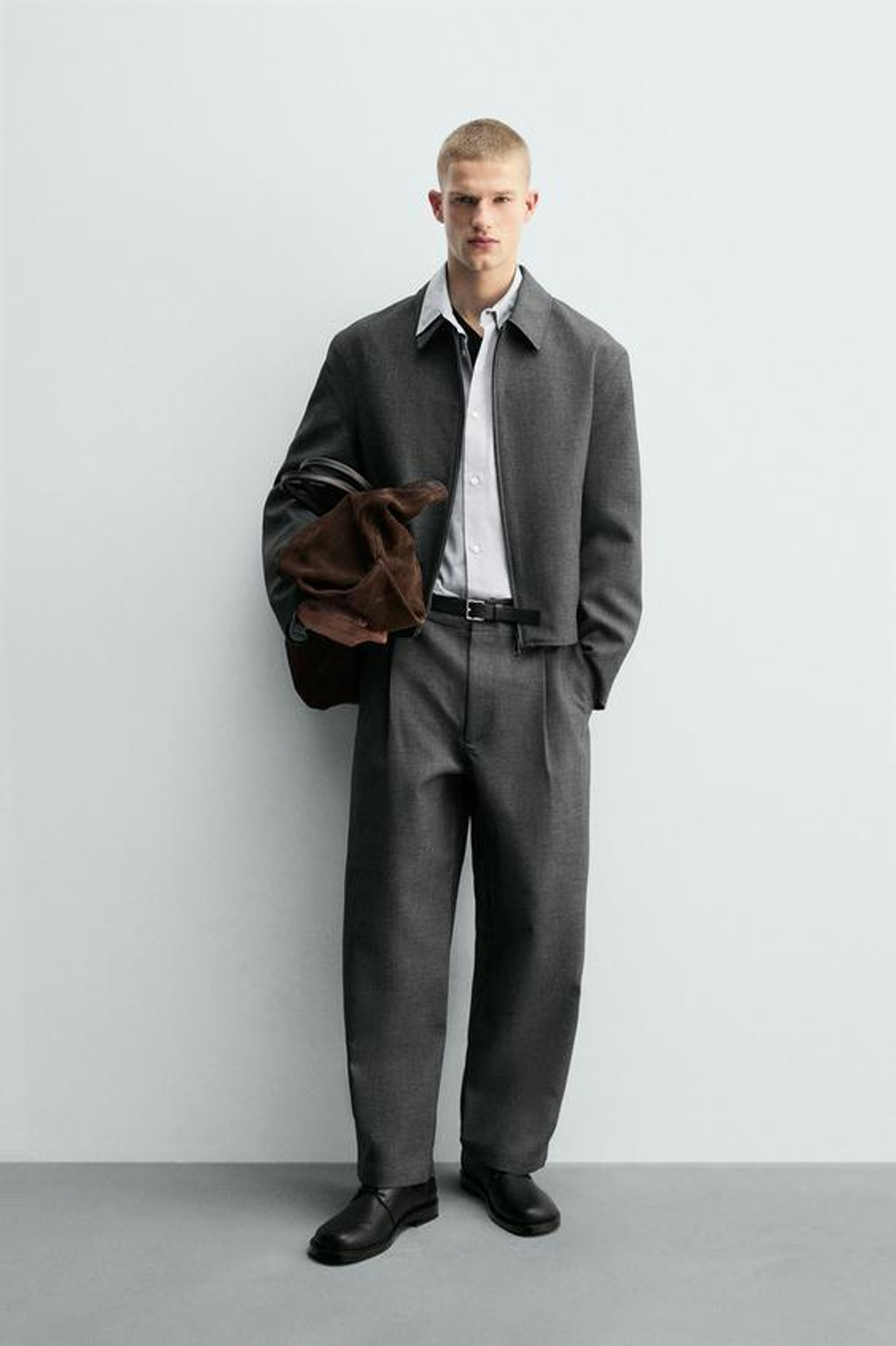 ZARA БРЮКИ BALLOON FIT С ЗАЩИПАМИ, СЕРЫЙ МЕЛАНЖ