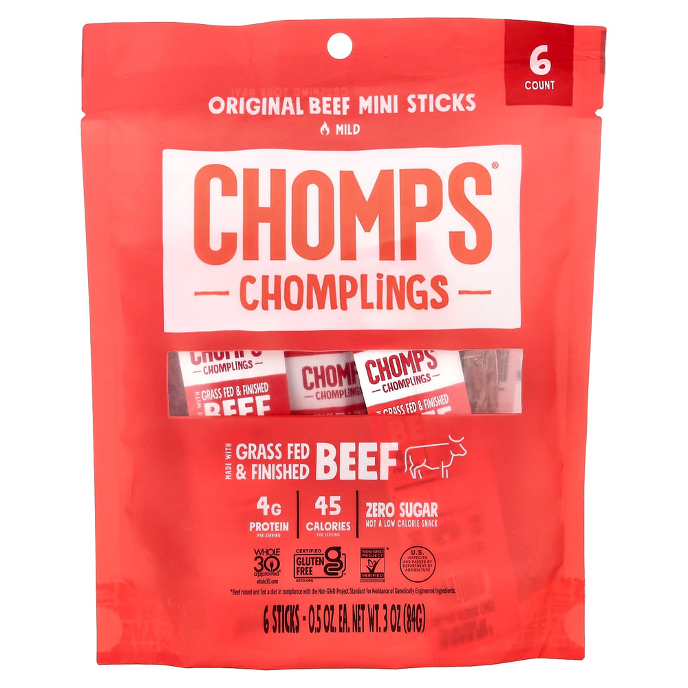 Chomps, Chomplings, оригинальные говяжьи мини-стики, неострый вкус, 6 палочек по 14 г (0,5 унции)