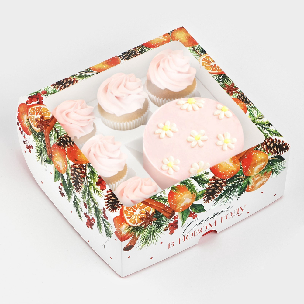 Коробка для капкейков и бенто торта "Счастья в Новом Году" венок 25*25*10 см
