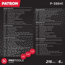 Набор инструментов 216пр. 1/4''3/8''1/2''(6гр.)(4-32мм) PATRON P-38841