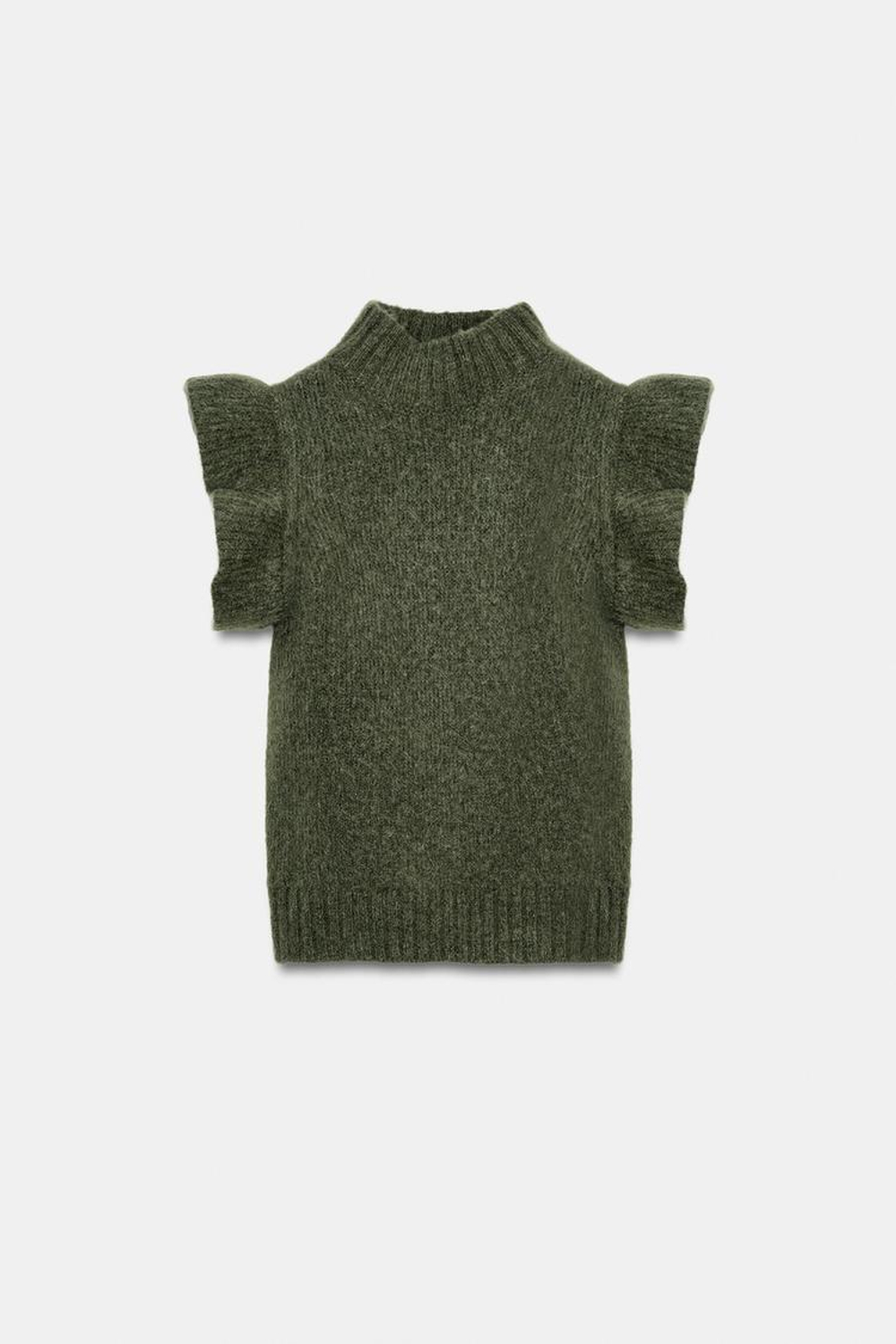 ZARA ЖИЛЕТ ИЗ ШЕРСТИ С ВОЛАНАМИ, ЗЕЛЕНЫЙ