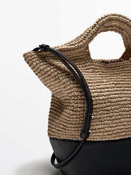 Massimo Dutti Сумка из натуральной рафии с кожаным основанием, бежевый
