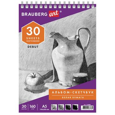 Скетчбук, белая бумага 160 г/м2, 145х205 мм, 30 л., гребень,жёсткая подложка, BRAUBERG ART DEBUT, 110989