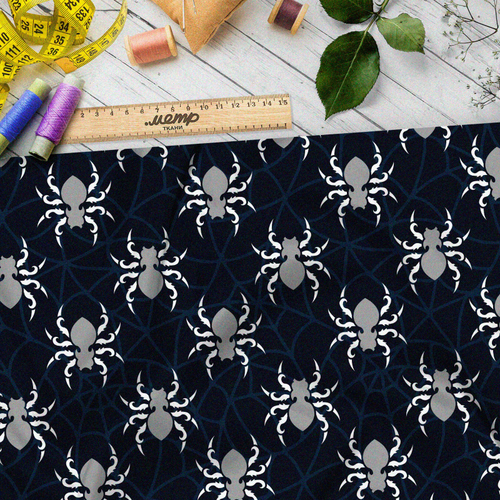 Ткань ниагара серые пауки на тёмно-синем фоне