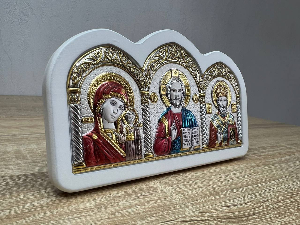 Спаситель, Казанская БМ, Николай Чудотворец, триптих, эмаль 85х150