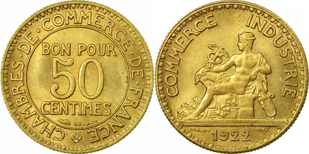 Франция 50 сантимов, 1921 - 1929 Меркурий XF
