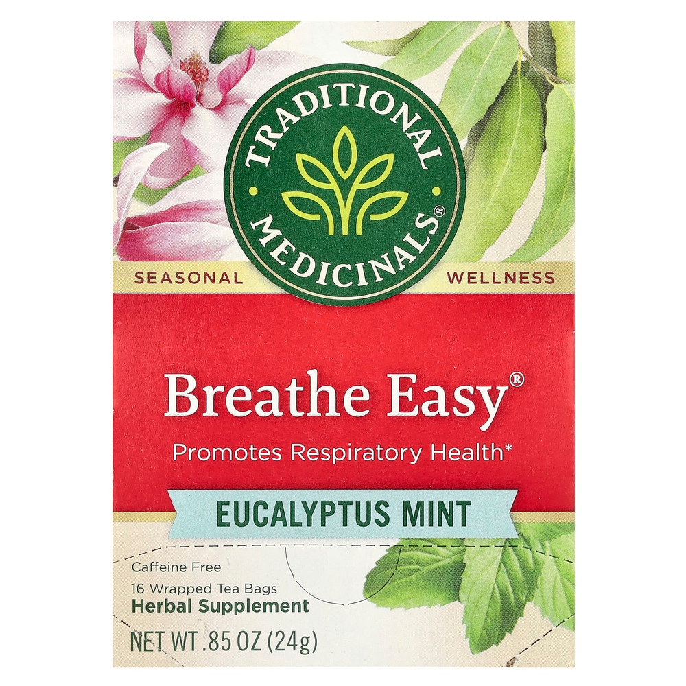 Traditional Medicinals, Breathe Easy, эвкалипт и мята, без кофеина, 16 чайных пакетиков в упаковке, 24 г (0,85 унции)