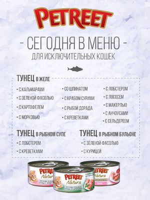 Консервы для кошек кусочки розового тунца с зеленой фасолью 70 г, Petreet