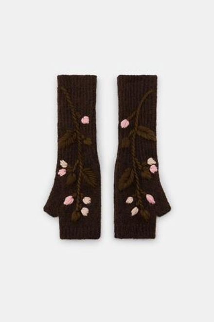 ZARA МИТЕНКИ С ВЫШИВКОЙ В ВИДЕ ЦВЕТОВ, КОРИЧНЕВЫЙ