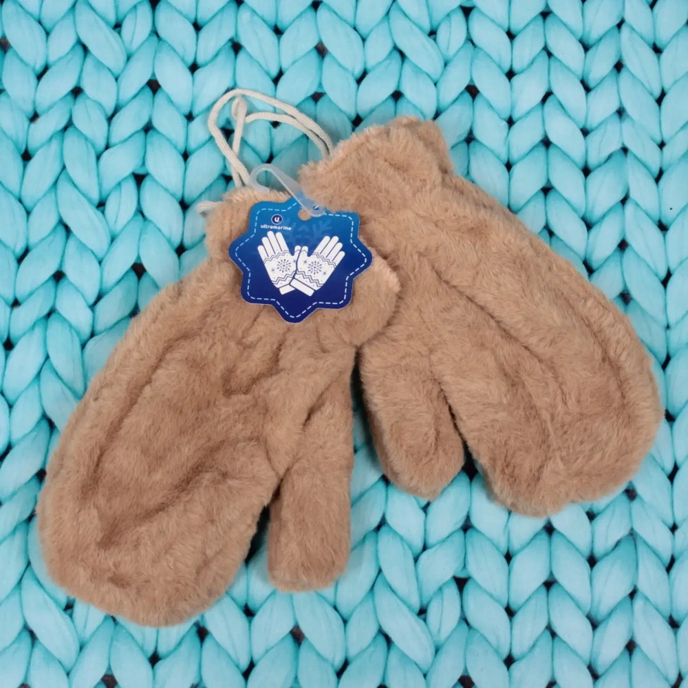 Варежки женские с мягким ворсом «Zima», цвет бежевый, эластичный манжет 6см, на шнурке, цвет карамель, 12,5*26см,( пакет с подвесом)