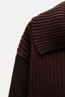 ZARA УКОРОЧЕННЫЙ СВИТЕР ИЗ РИФЛЕНОГО ТРИКОТАЖА, КОРИЧНЕВЫЙ