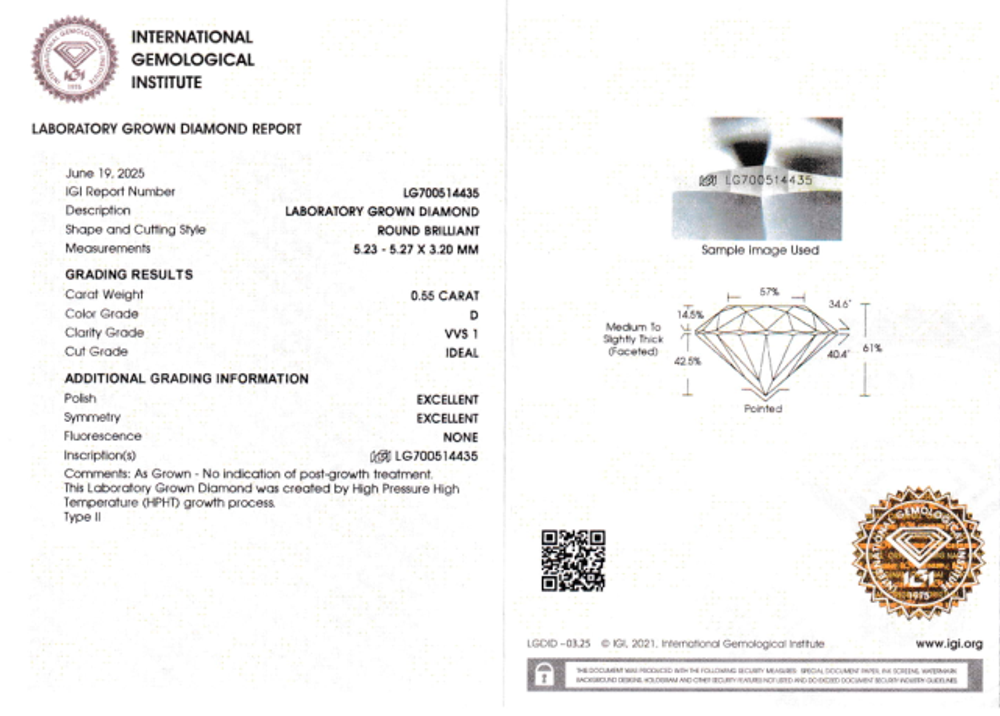 Лабораторно-выращенный бриллиант Кр-57 5.23-5.27 мм D/VVS1 0.55 ct