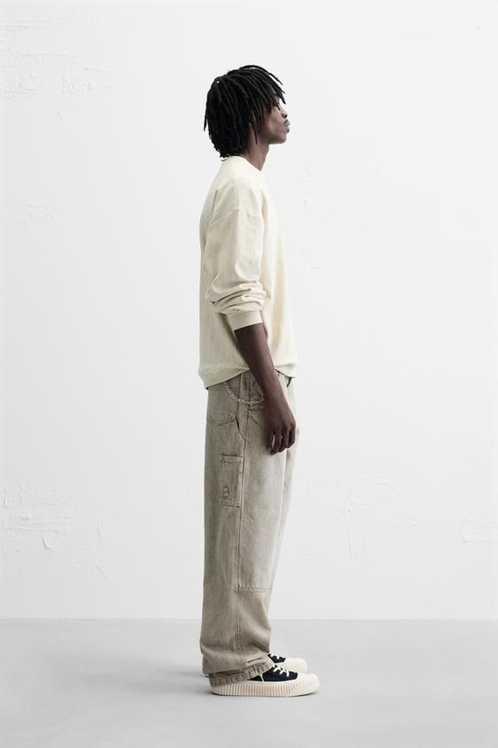 ZARA БРЮКИ КАРГО ОВЕРСАЙЗ ИЗ СТИРАННОГО ДЕНИМА С КАРМАНОМ, КАМЕННО-СЕРЫЙ