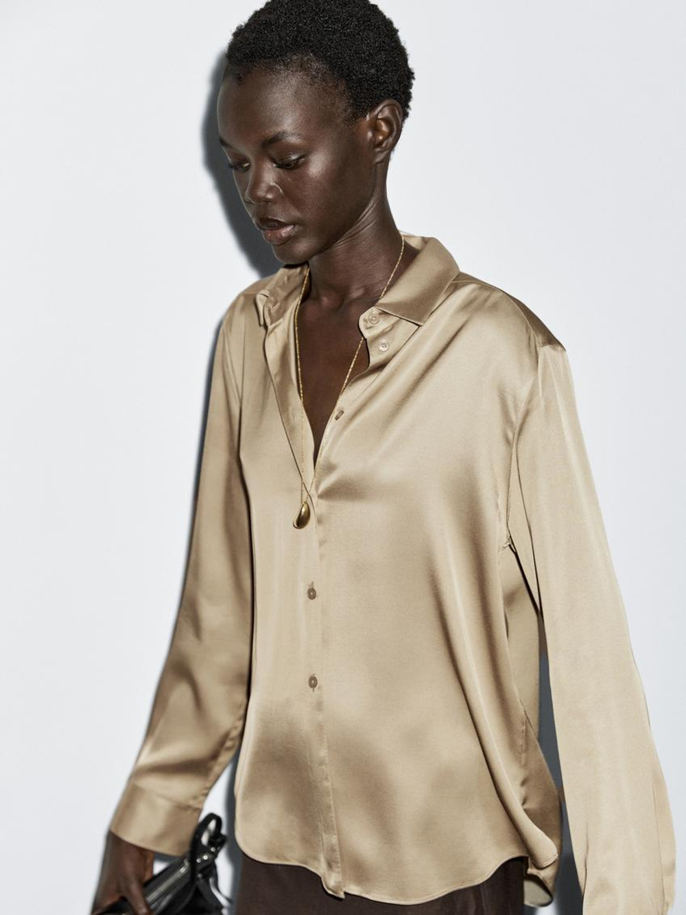 Massimo Dutti Рубашка из струящегося атласа, бежевый